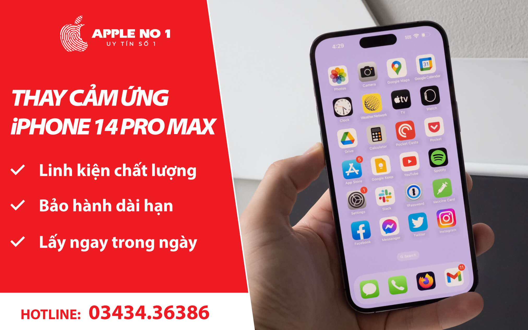 Dịch vụ thay kính cảm ứng cho iPhone 14 Pro Max lấy ngay, giá tốt tại APPLENO1.VN