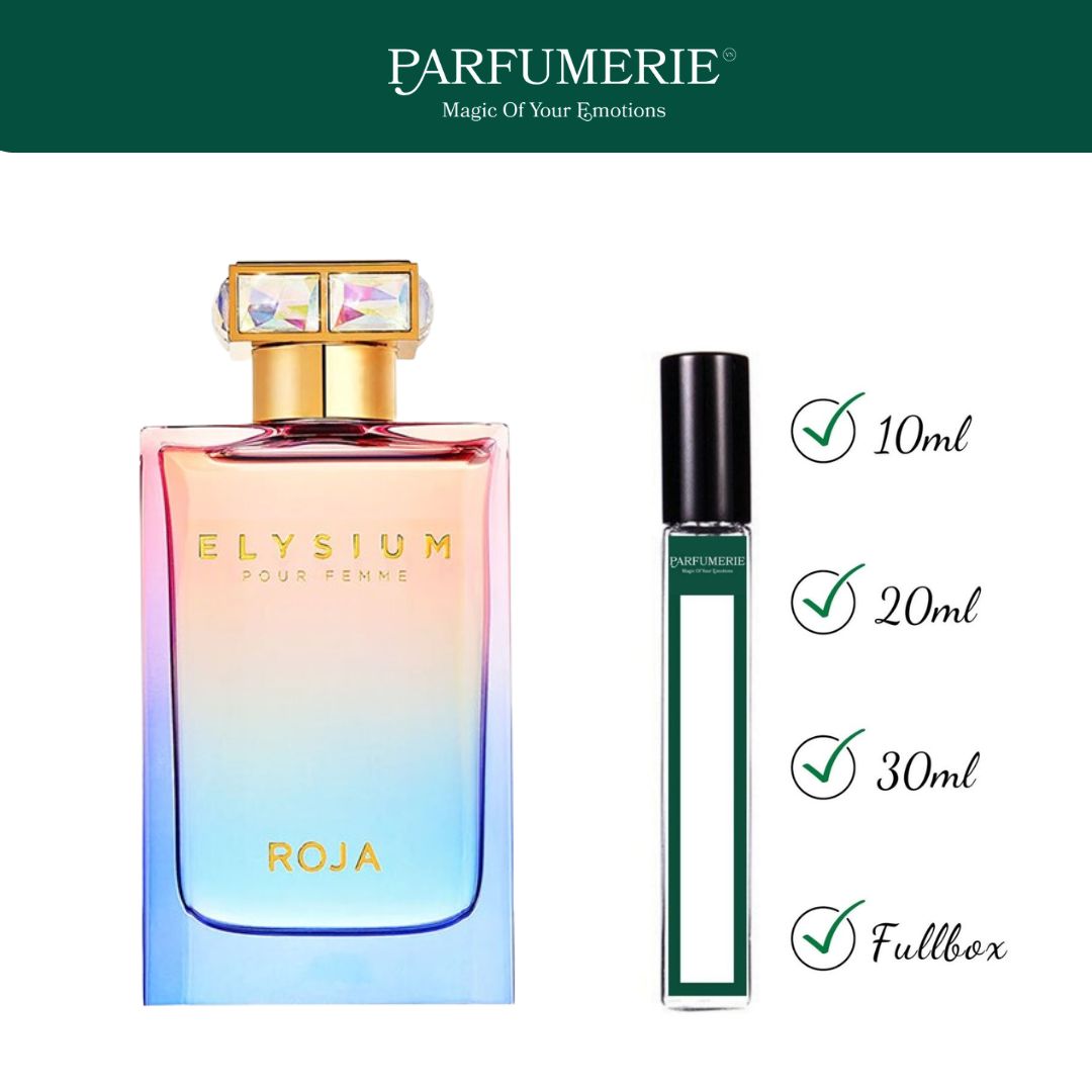 Nước hoa chiết Roja Elysium Pour Femme EDP chính hãng tại Parfumerie có đa dạng dung tích, đáp ứng mọi nhu cầu của phái đẹp