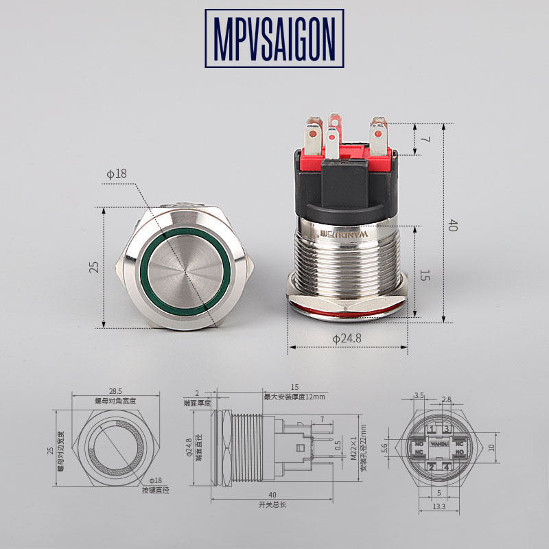 Công tắc kim loại LED 22mm 12V 24V limousine xe giường nằm