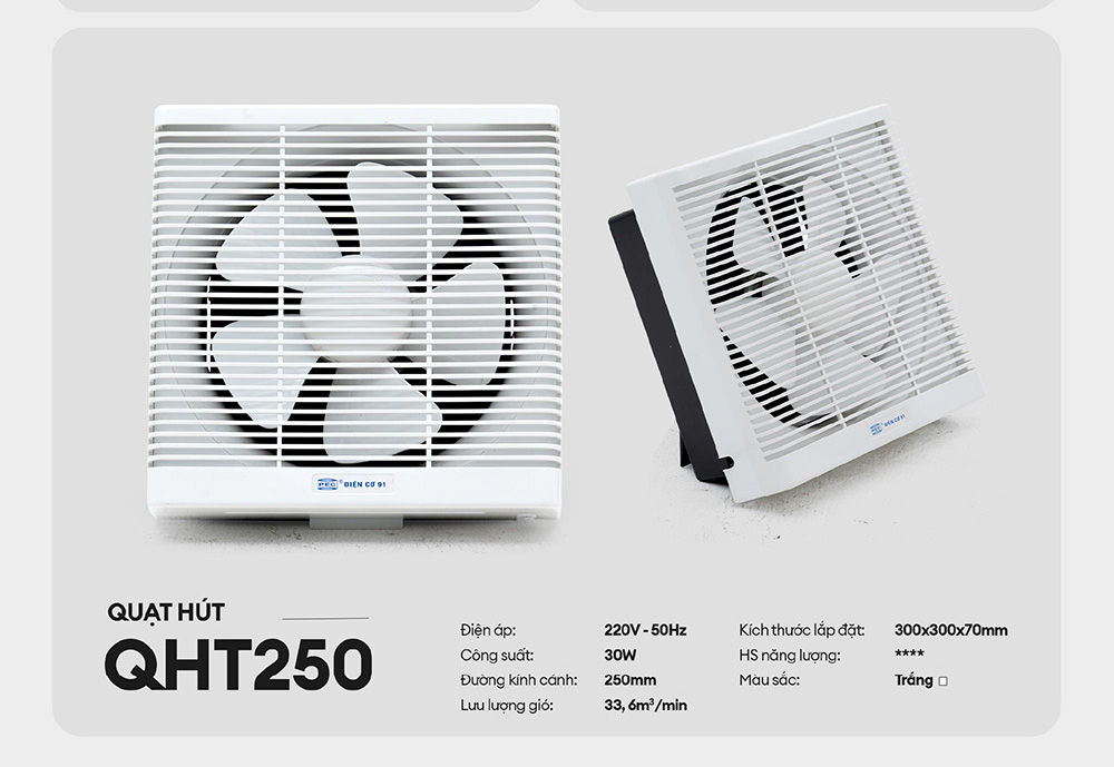 Quạt thông gió gắn tường điện cơ 91 QHT-250, Lỗ chờ 300x300