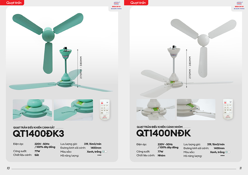 Quạt trần Điện cơ 91 QT-1400 cánh sắt điều khiển từ xa