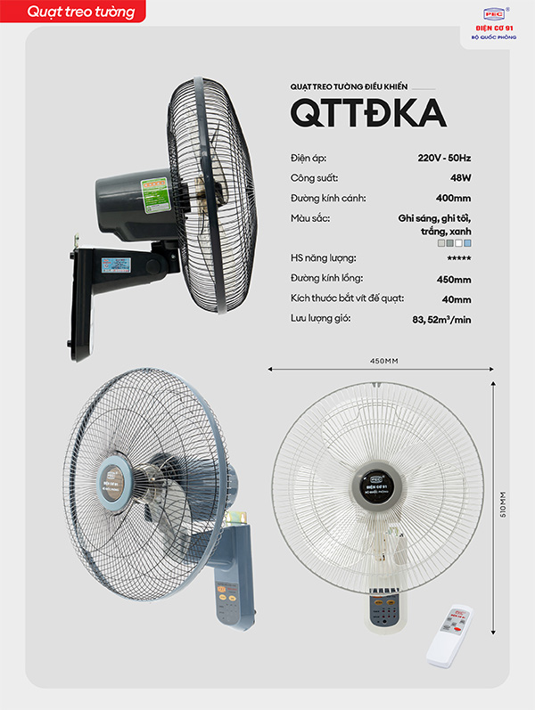 Quạt treo tường Điện cơ 91 QTT-DKA