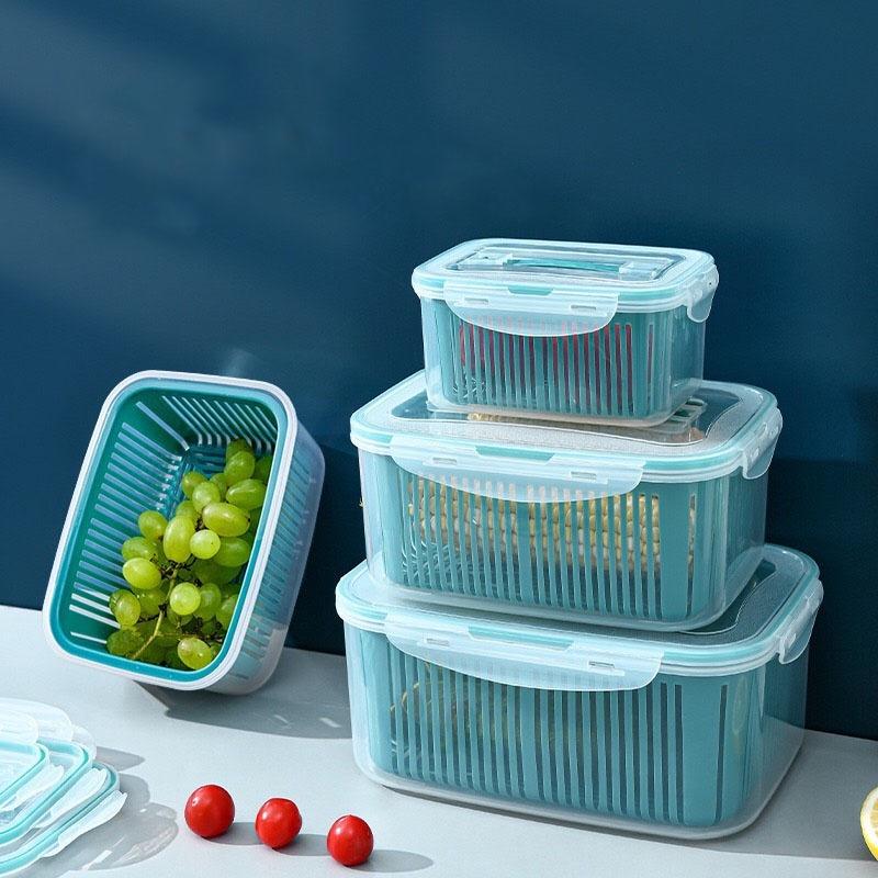 Bộ 5 hộp kèm rổ có nắp hút chân không để tủ lạnh tiện lợi MÀU XANH