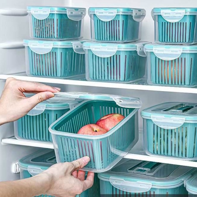 Bộ 5 hộp kèm rổ có nắp hút chân không để tủ lạnh tiện lợi MÀU XANH