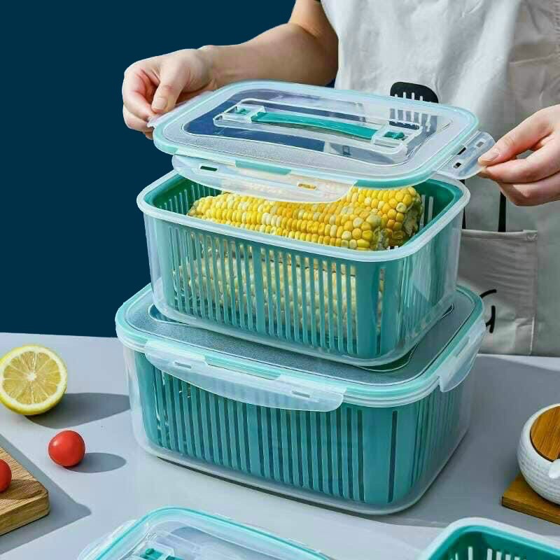 Bộ 5 hộp kèm rổ có nắp hút chân không để tủ lạnh tiện lợi MÀU XANH