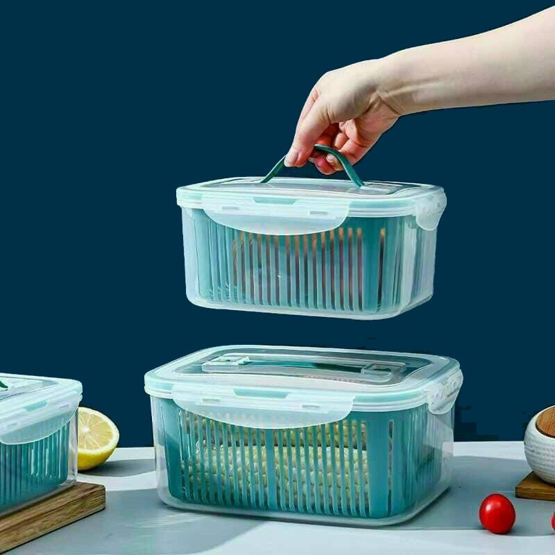 Bộ 5 hộp kèm rổ có nắp hút chân không để tủ lạnh tiện lợi MÀU XANH