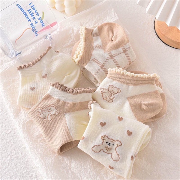 Set 10 đôi tất cổ bèo tone nâu hoạ tiết dễ thương