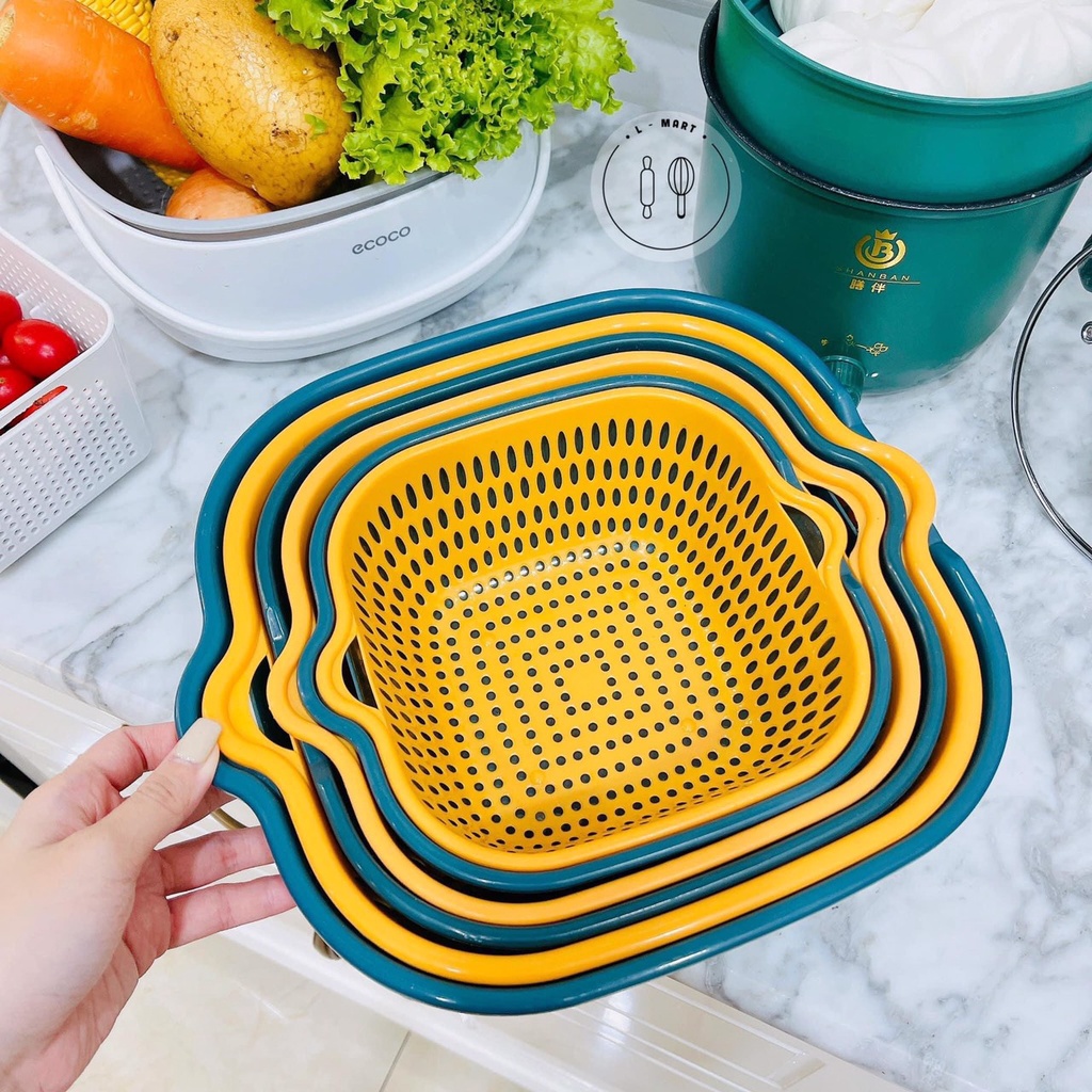 Bộ rổ nhựa kèm chậu 6 món tiện dụng (Vuông)