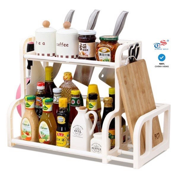 Kệ gia vị nhà bếp 2 tầng thông minh chữ H có khe để thớt