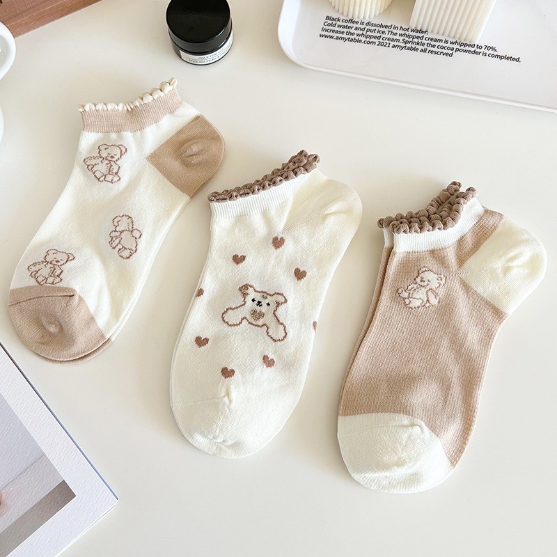 Set 10 đôi tất cổ bèo tone nâu hoạ tiết dễ thương