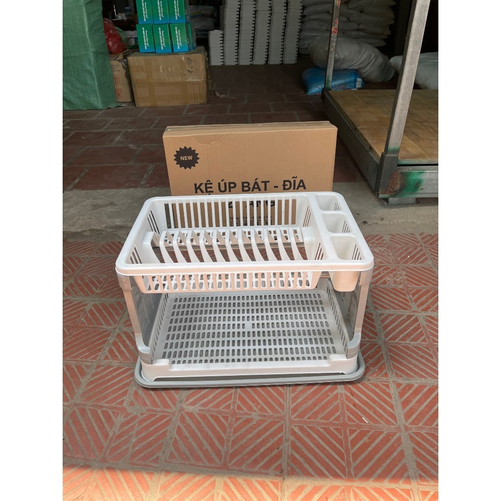 Kệ úp bát đĩa 2 TẦNG có ống đũa muỗng kèm khay hứng tiện dụng