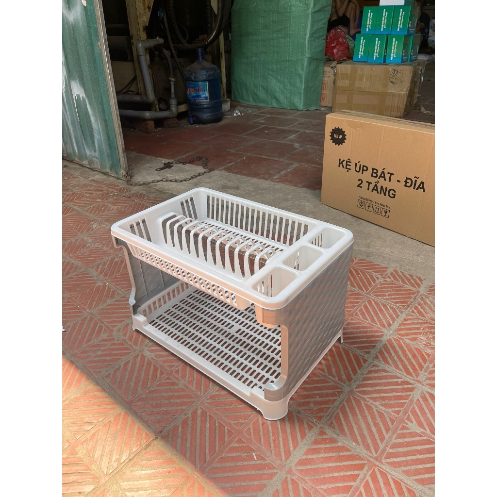 Kệ úp bát đĩa 2 TẦNG có ống đũa muỗng kèm khay hứng tiện dụng