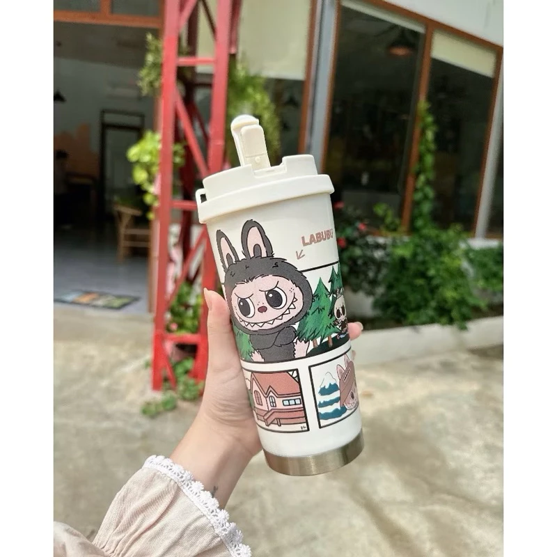 Cốc giữ nhiệt hoạ tiết Labubu có NÚT BẬT dung tích 600ml