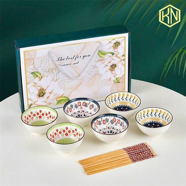 Bộ 6 bát hoạ tiết hoa nhí kèm đũa sang trọng KN4