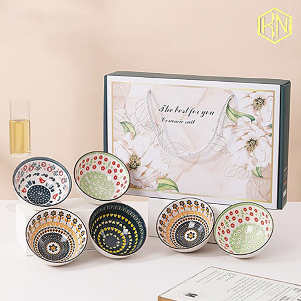 Bộ 6 bát hoạ tiết hoa nhí kèm đũa sang trọng KN4