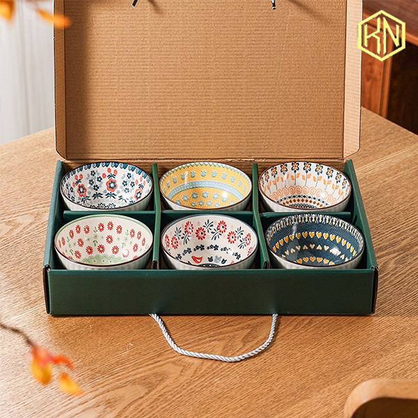 Bộ 6 bát hoạ tiết hoa nhí kèm đũa sang trọng KN4