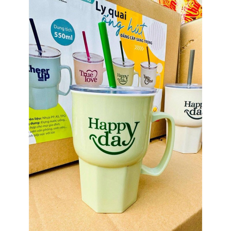 Ly uống nước có quai kèm nắp và ống hút siêu xinh TLT