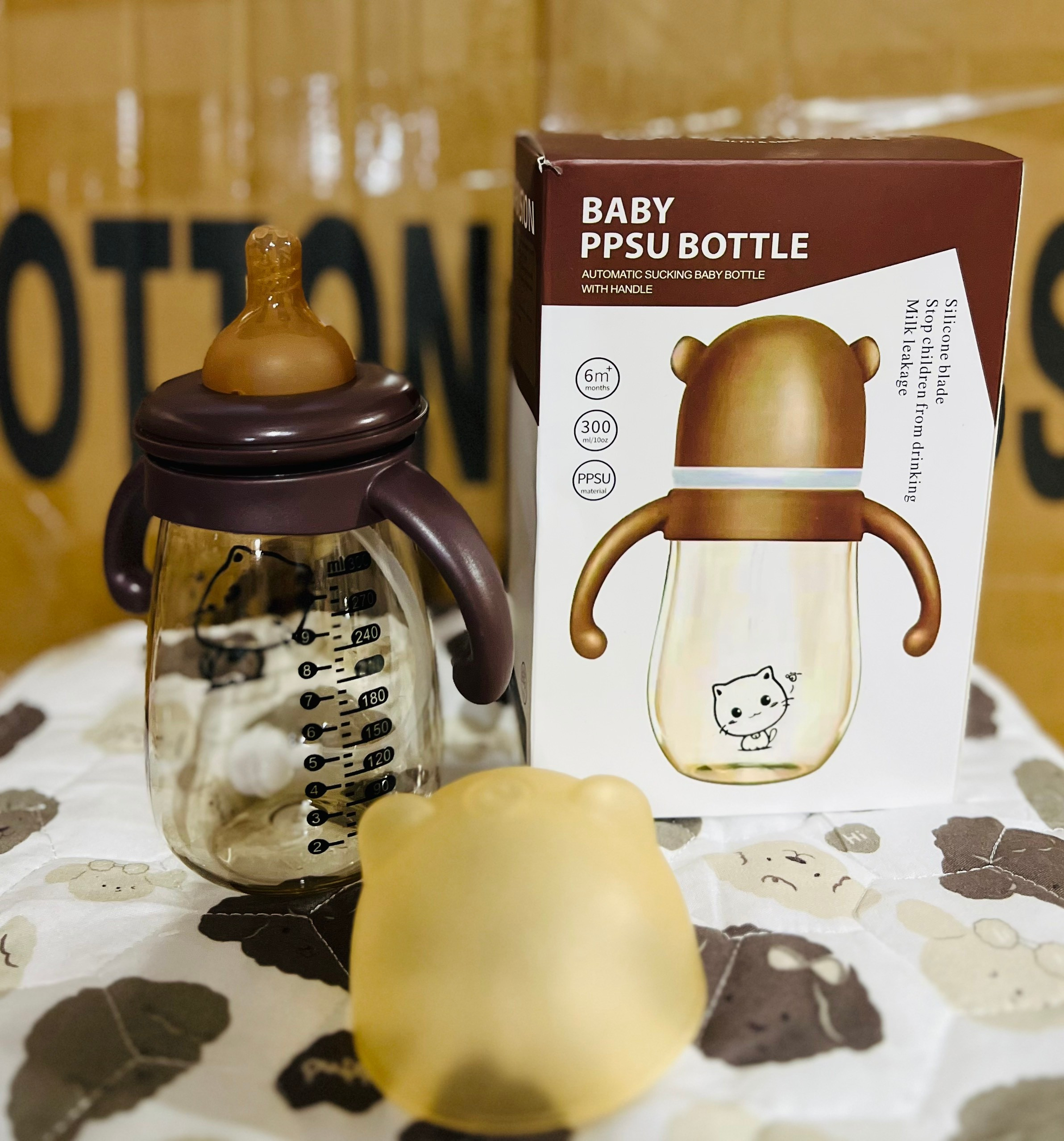 Bình sữa mèo nâu cổ rộng 2 quai cho bé 300ml