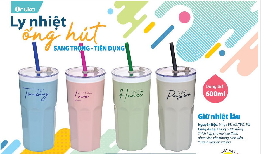 Ly giữ nhiệt kèm ống hút sắc hè 600ml TLT