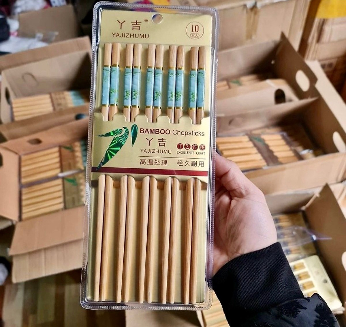 Bộ 10 đũa tre YAJIZHUMU hoa văn vân đá cao cấp