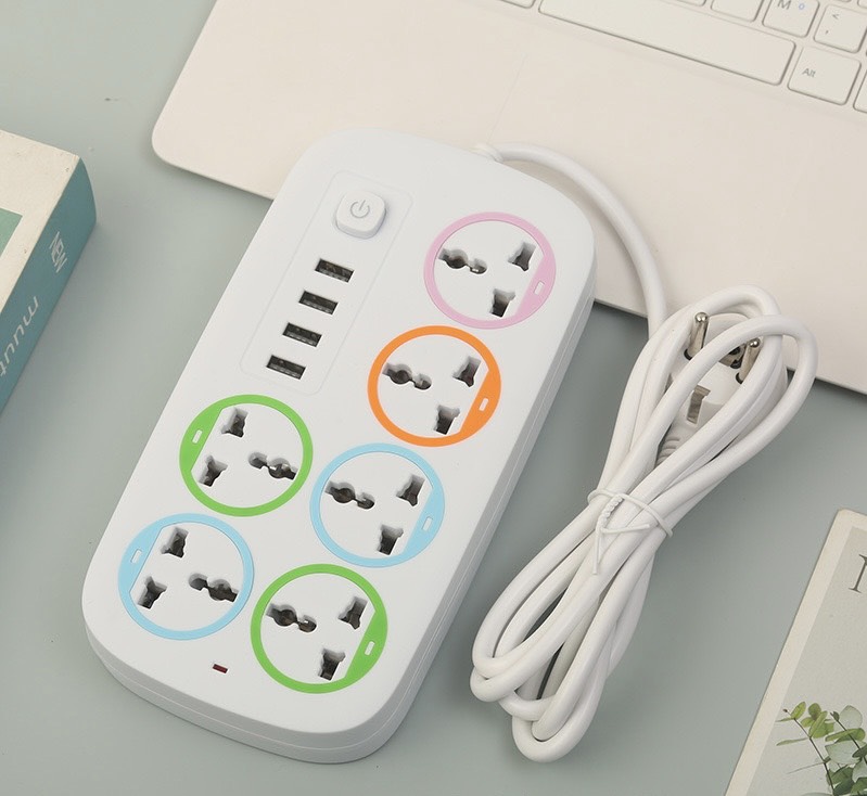 Ổ cắm điện hình chữ nhật đa năng 6 ổ cắm, 4 cổng USB
