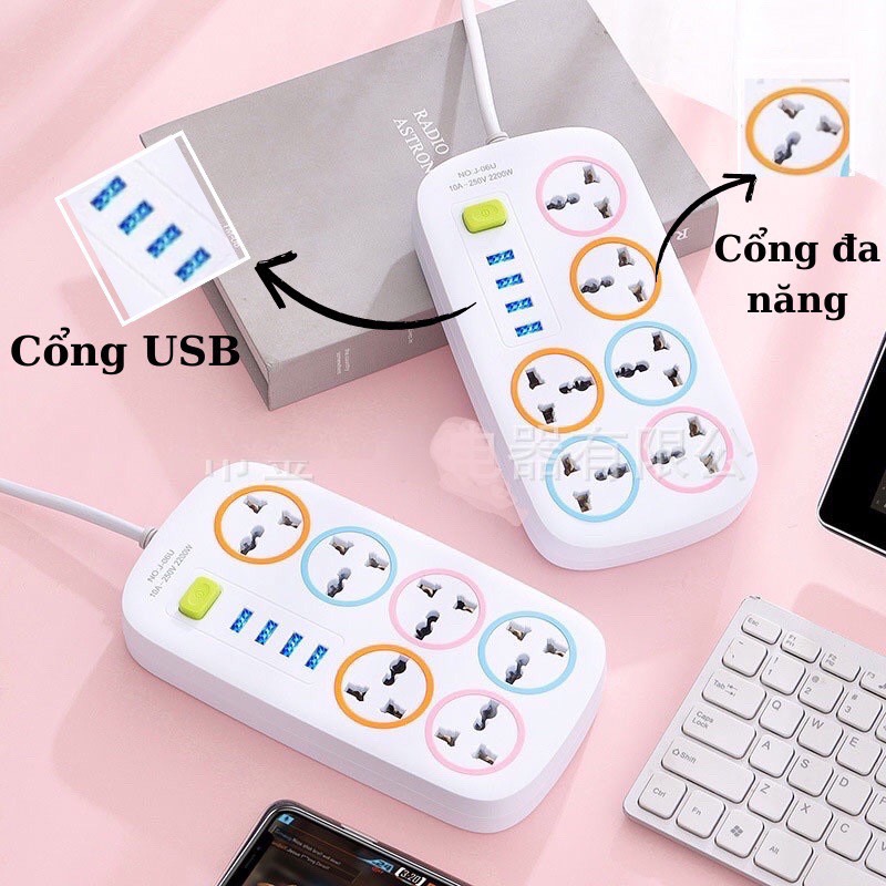 Ổ cắm điện hình chữ nhật đa năng 6 ổ cắm, 4 cổng USB