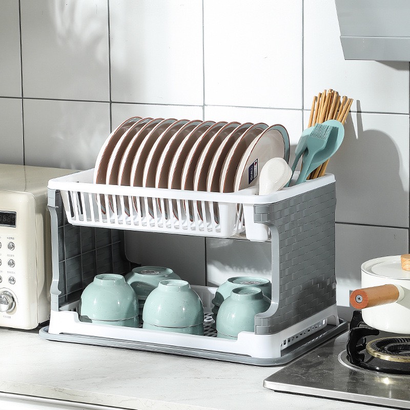 Kệ úp bát đĩa 2 TẦNG có ống đũa muỗng kèm khay hứng tiện dụng