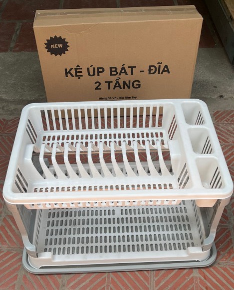 Kệ úp bát đĩa 2 TẦNG có ống đũa muỗng kèm khay hứng tiện dụng