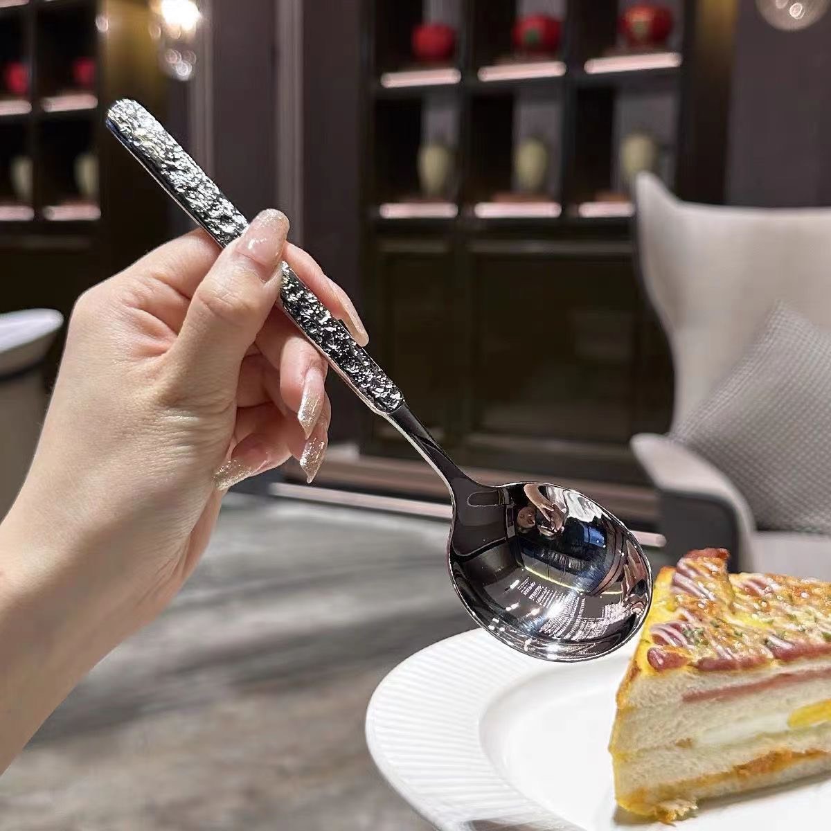 Set 10 thìa inox vân bì tay cầm dài sang trọng