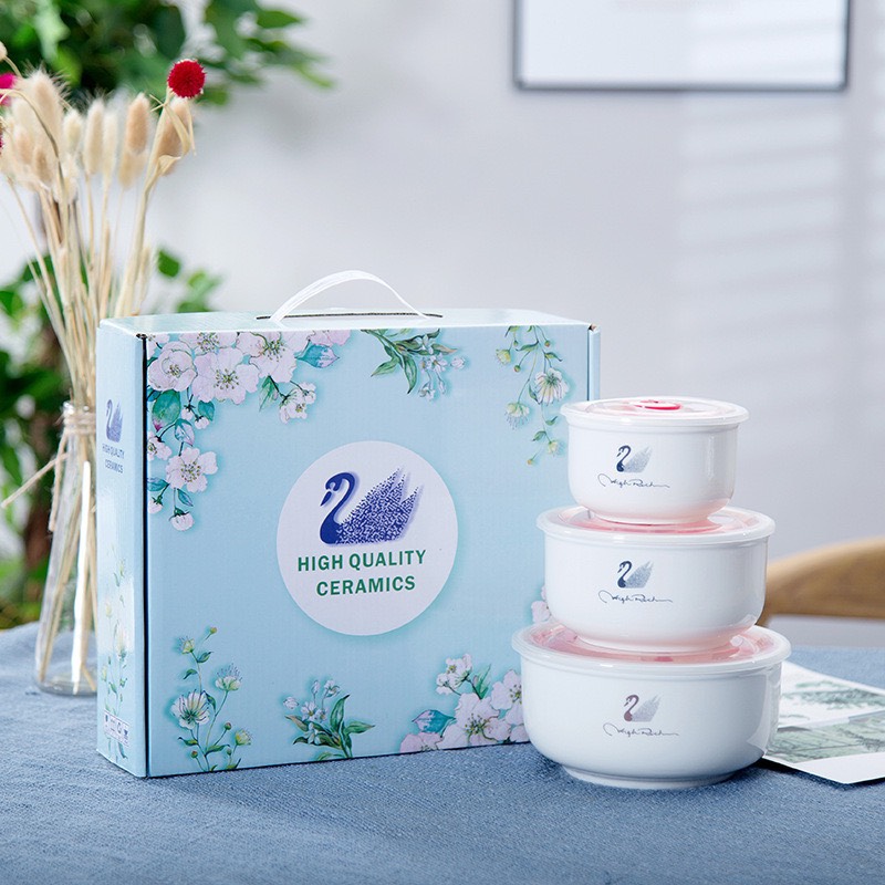 Bộ 3 thố sứ THIÊN NGA có nắp hút chân không