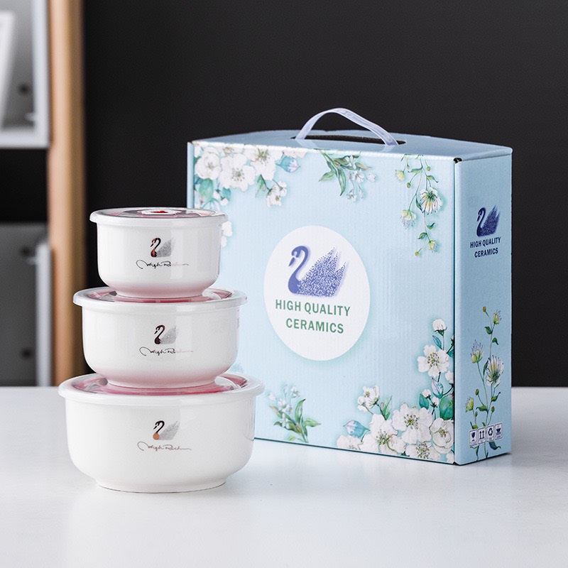 Bộ 3 thố sứ THIÊN NGA có nắp hút chân không