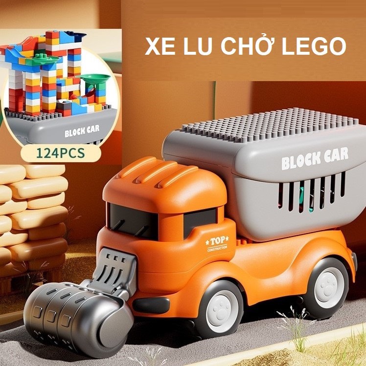 Bộ đồ chơi xe ô tô máy xúc chở 124 chi tiết lắp ráp 2in1
