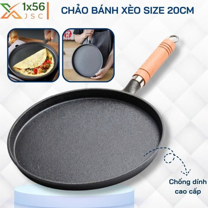 Chảo gang tròn nguyên khối cán gỗ size 20cm