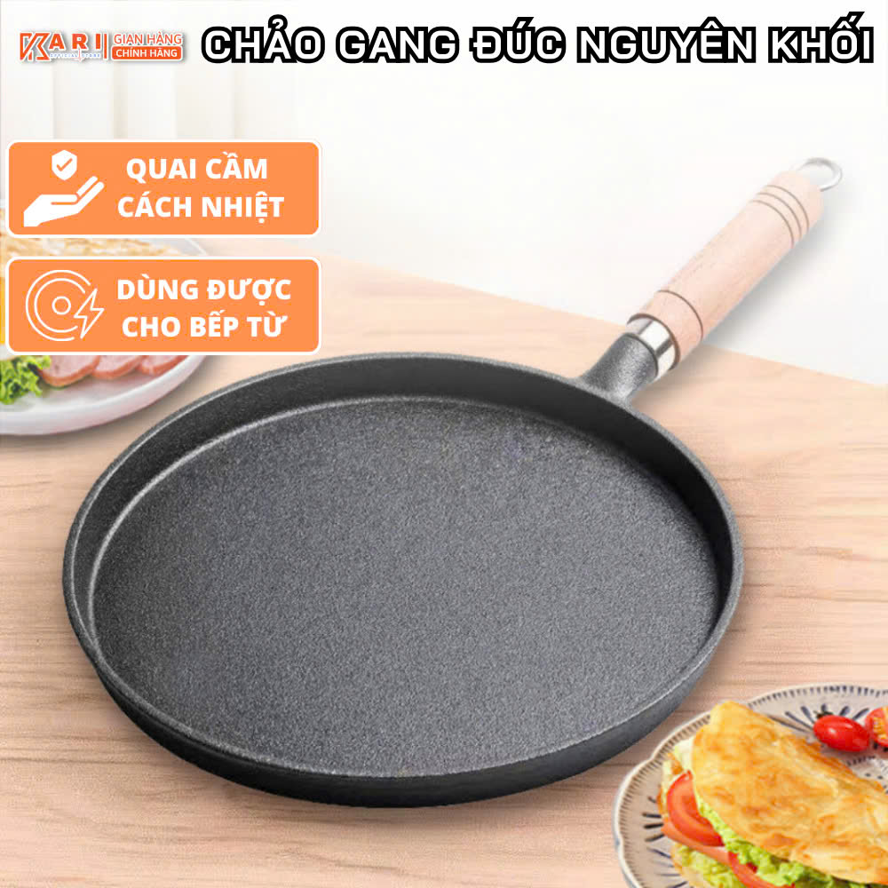 Chảo gang tròn nguyên khối cán gỗ size 20cm