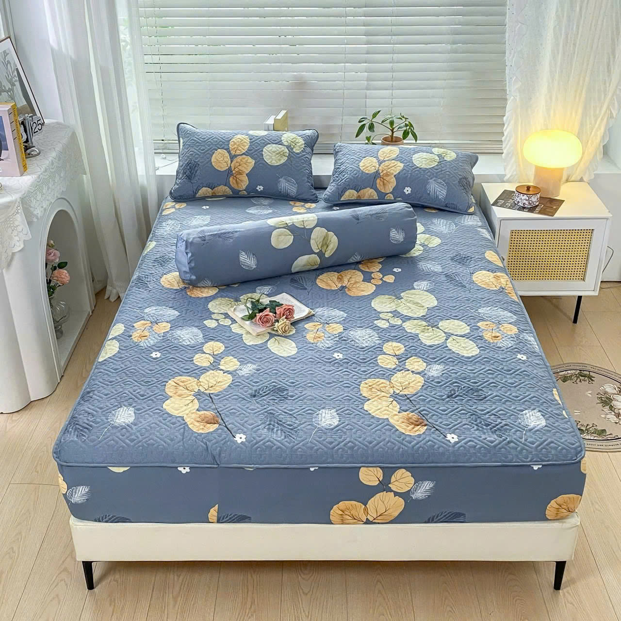 Bộ ga gối cotton đũi Hàn Quốc thoáng mát trần bông 1m8 cao cấp