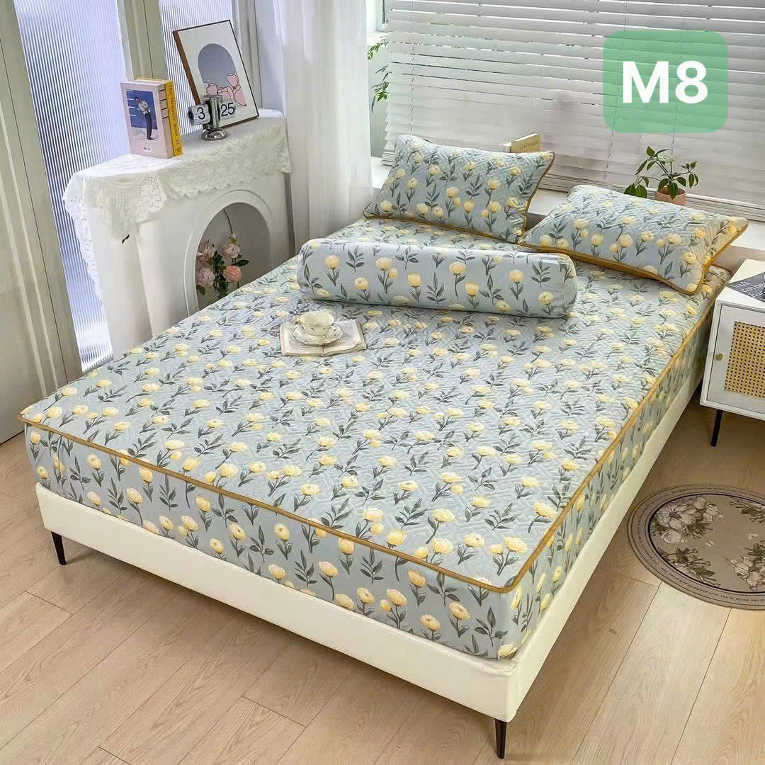 Bộ ga gối cotton đũi Hàn Quốc thoáng mát trần bông 1m8 cao cấp