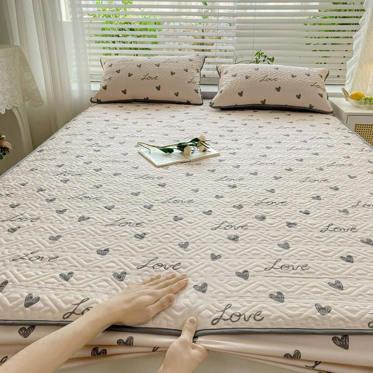 Bộ ga gối cotton đũi Hàn Quốc thoáng mát trần bông 1m6 cao cấp