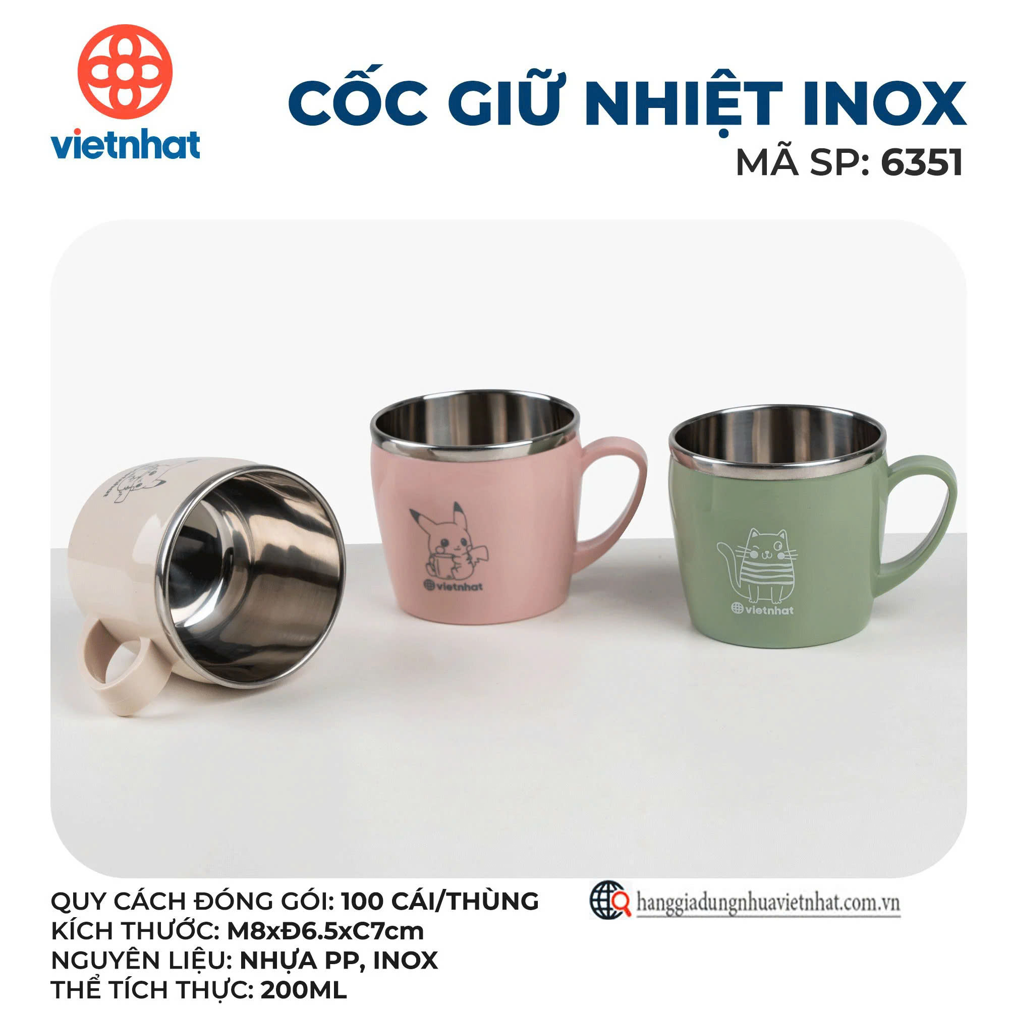 Cốc inox giữ nhiệt 200ml Việt Nhật 6351