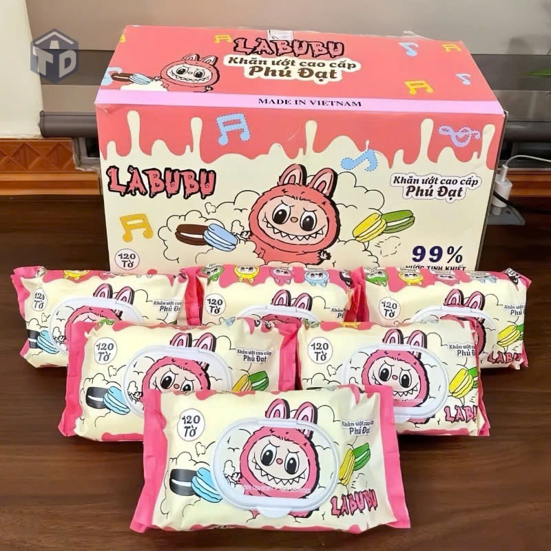 Thùng 32 gói khăn ướt Labubu Thiên Phúc không mùi siêu hot