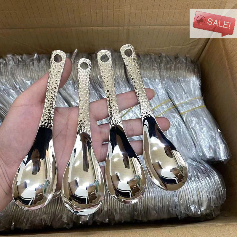 Set 10 muỗng cơm inox bạc cán sần hoạ tiết sang chảnh