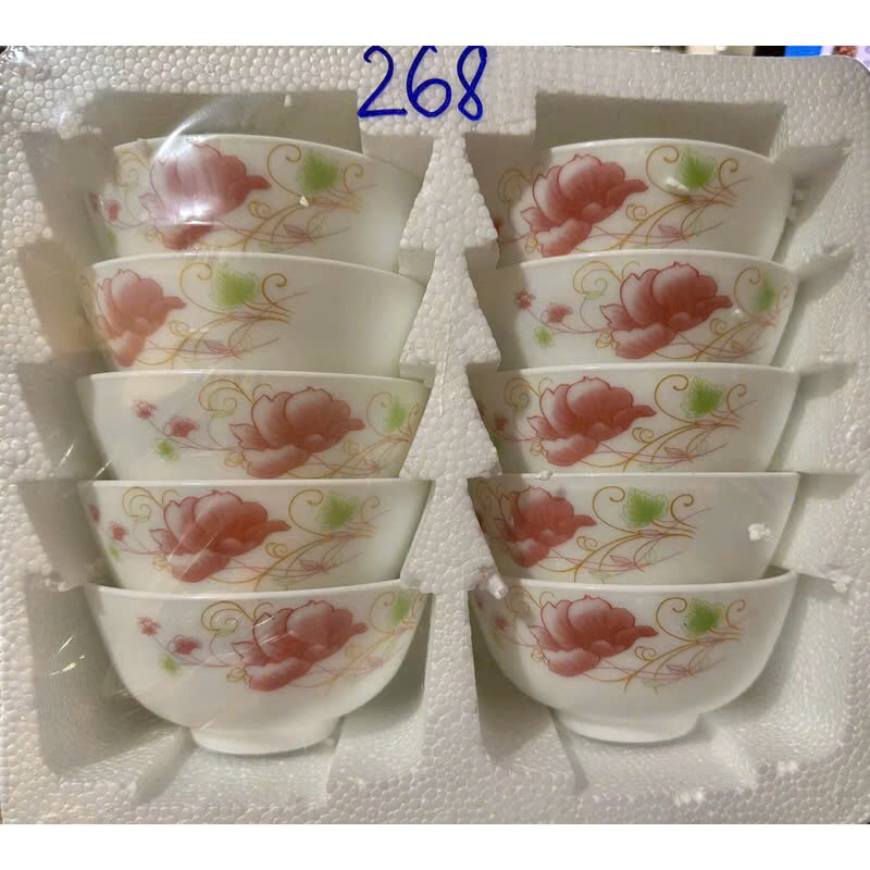 Bộ 10 bát sứ trắng ngọc hoạ tiết nhiều mẫu hoa sang trọng