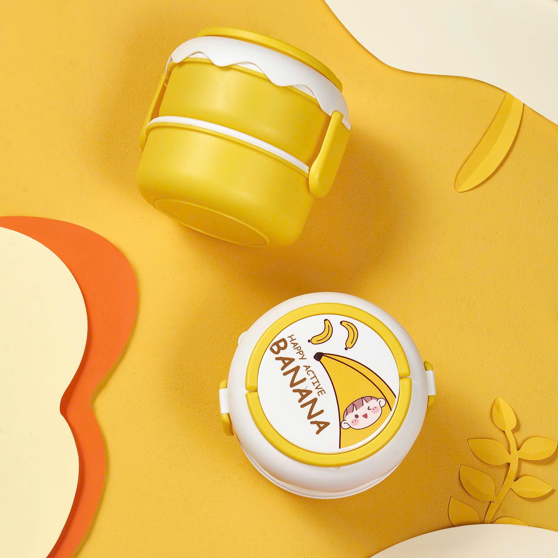 Hộp cơm hoa quả hình tròn 2 tầng có quai xách tiện lợi