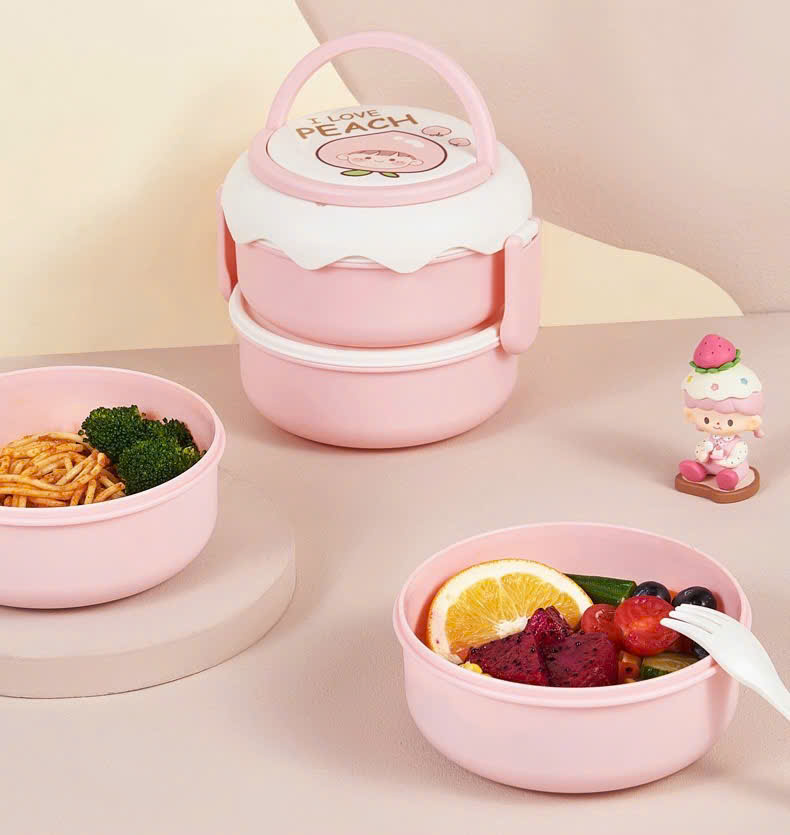 Hộp cơm hoa quả hình tròn 2 tầng có quai xách tiện lợi