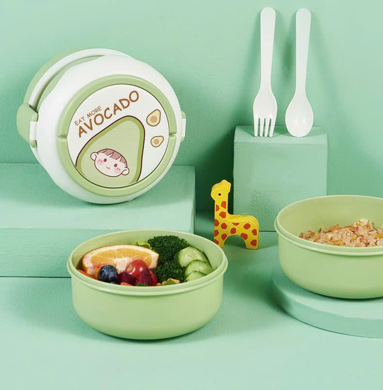 Hộp cơm hoa quả hình tròn 2 tầng có quai xách tiện lợi