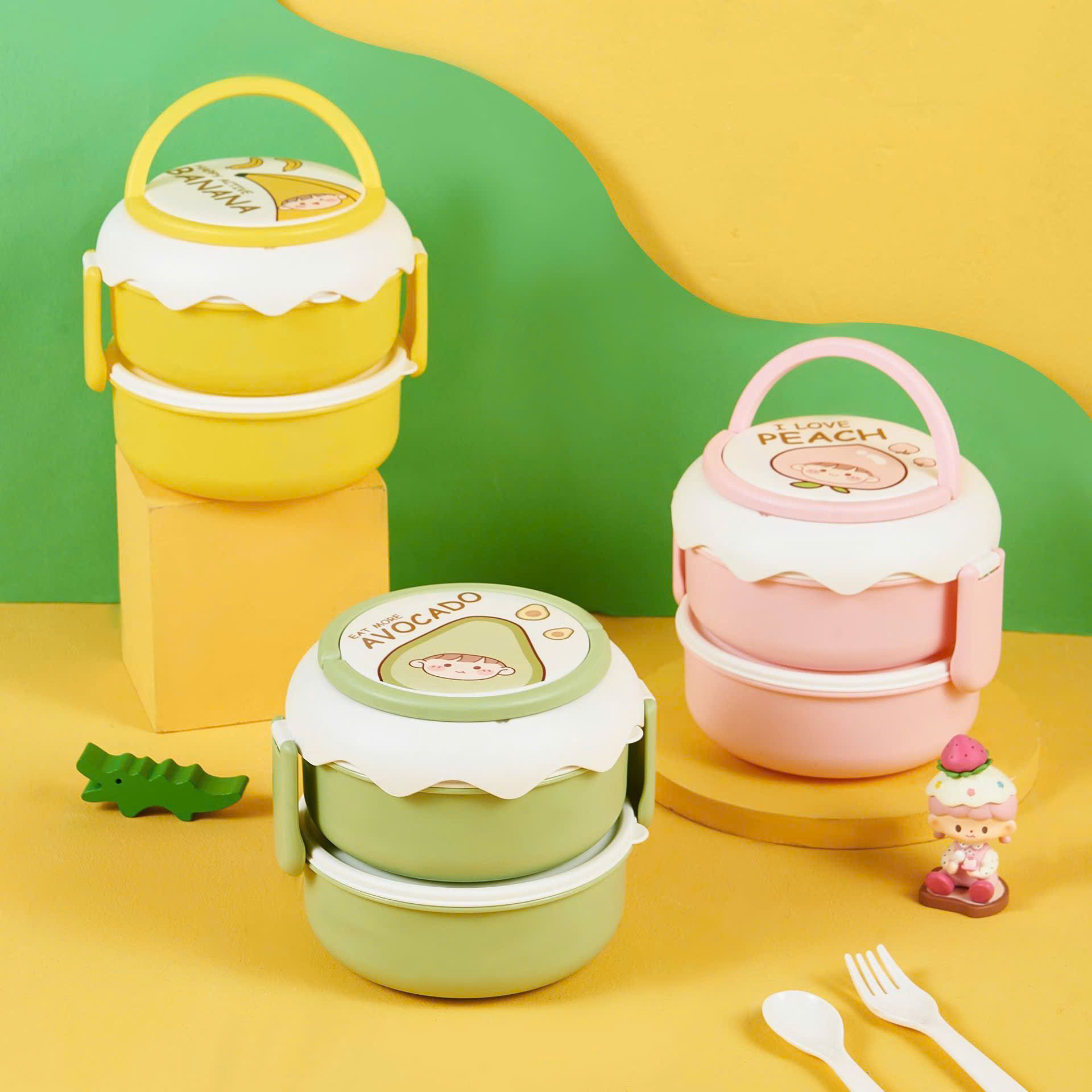 Hộp cơm hoa quả hình tròn 2 tầng có quai xách tiện lợi