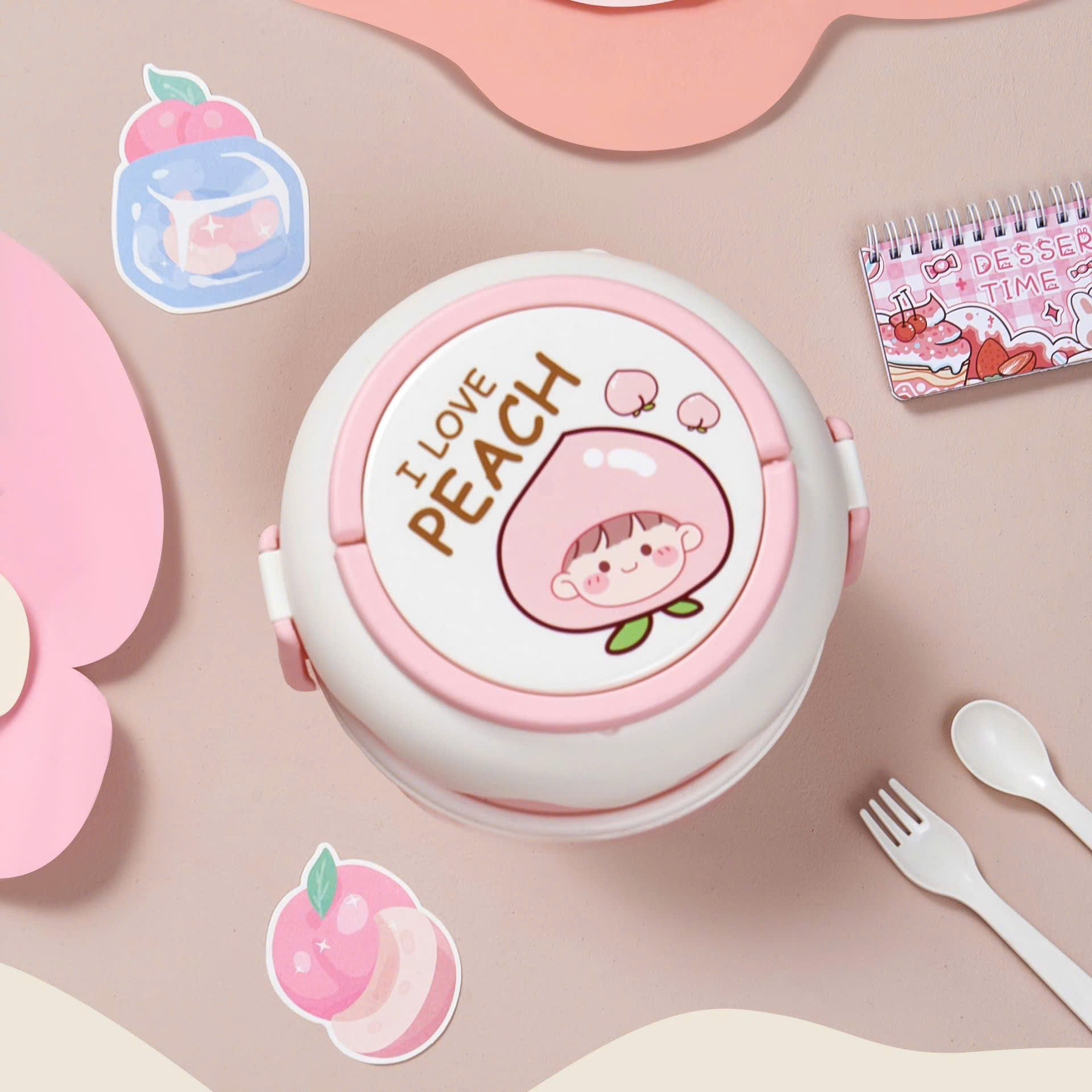 Hộp cơm hoa quả hình tròn 2 tầng có quai xách tiện lợi