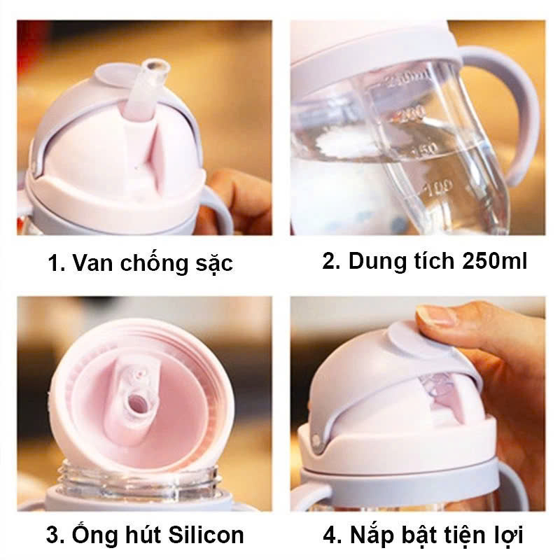 Bình tập uống nước cho bé 250ml có ống hút silicon mềm chống sặc