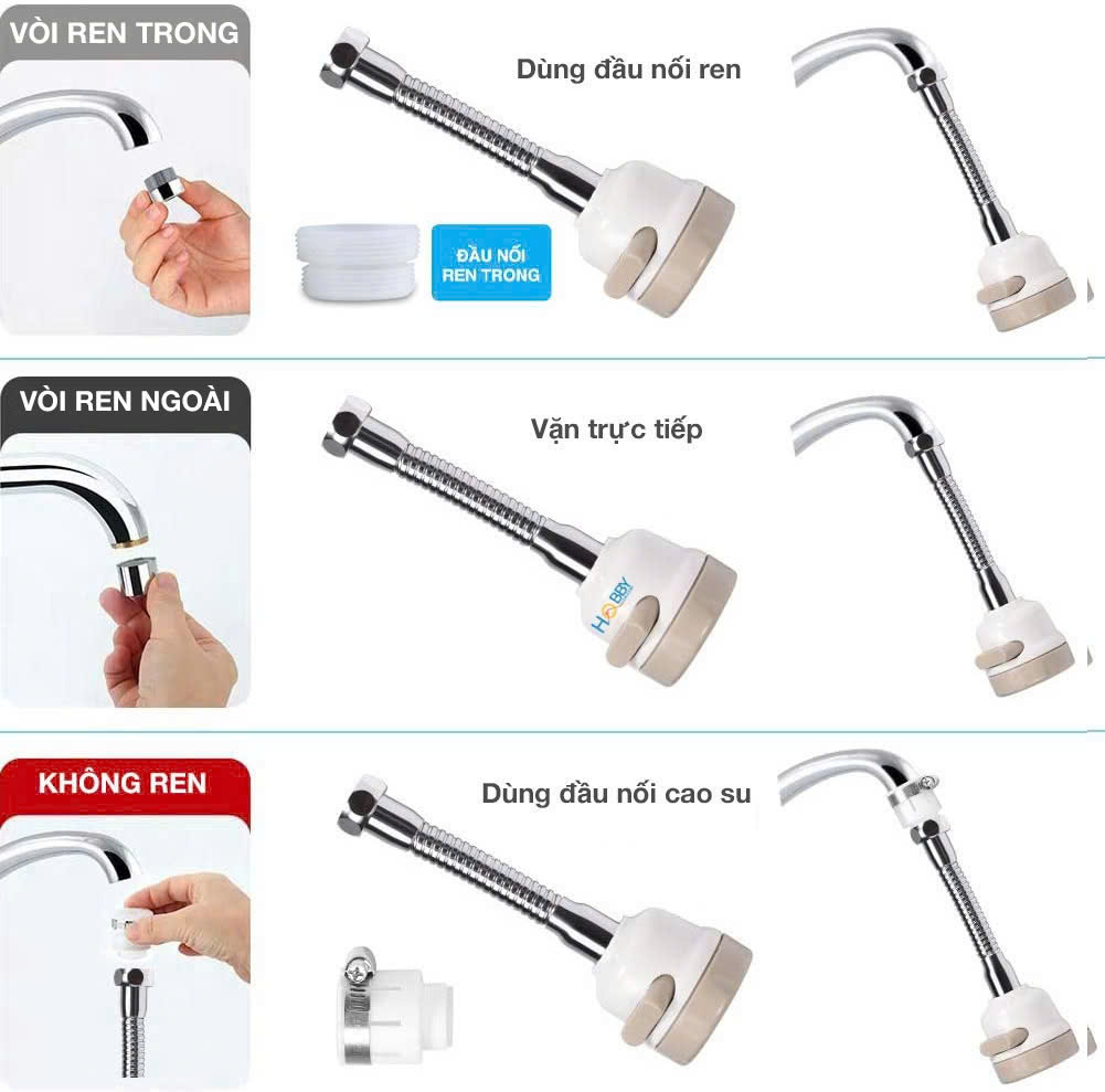 Đầu vòi tăng áp Nối Vòi 3 chế độ xoay 360 tiện dụng