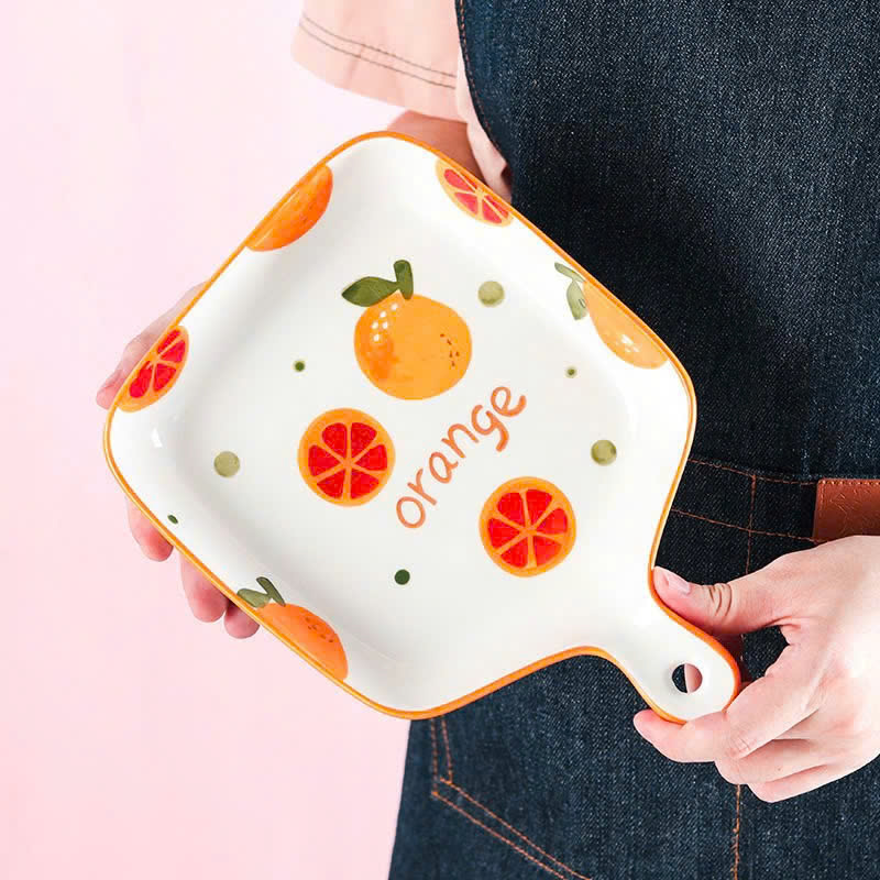 Đĩa sứ vuông hoạ tiết hoa quả có tay cầm dễ thương