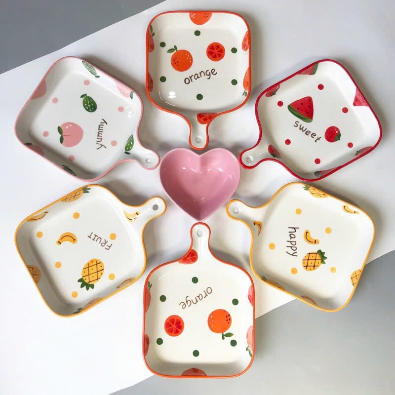 Đĩa sứ vuông hoạ tiết hoa quả có tay cầm dễ thương